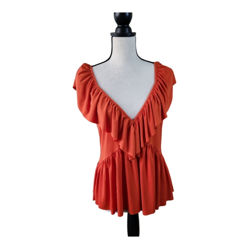 💕Zara deep cut‎ ruffled blouse Womens Size Small Orange